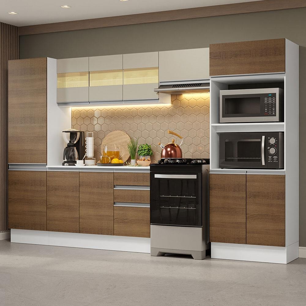 Armário de Cozinha Completa 100% MDF 300cm Branco/Rustic/Crema Smart Madesa 03 - Home & Living