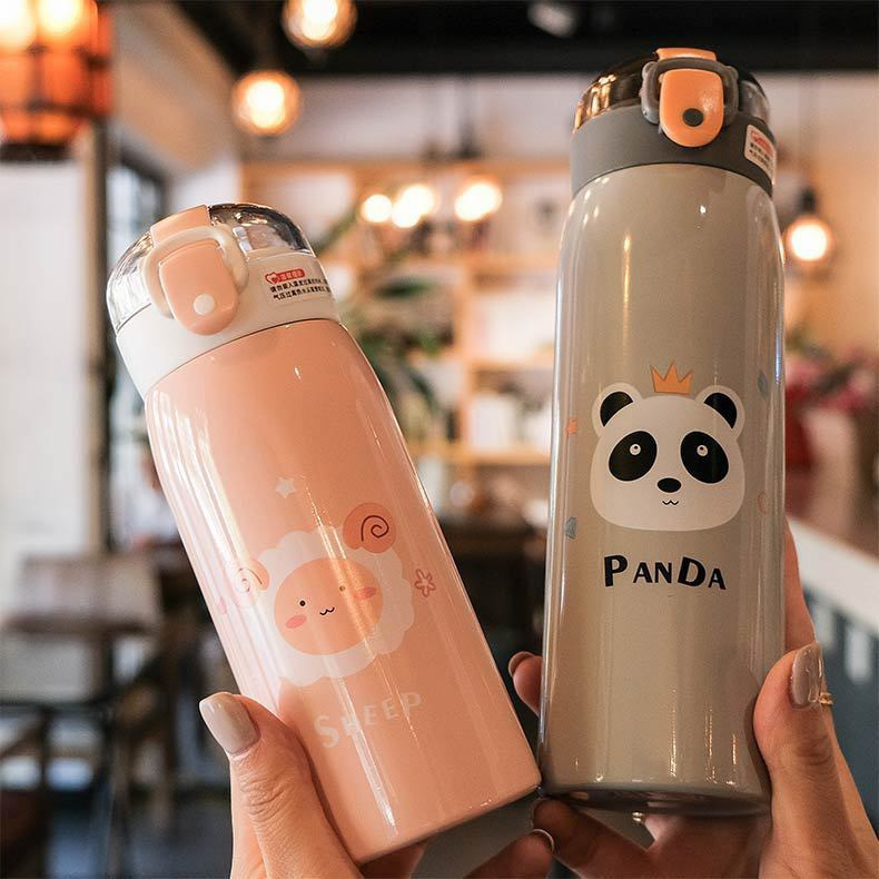 Garrafa Com Canudo Térmica Infantil Estampas Animais Aço Inox 350ml