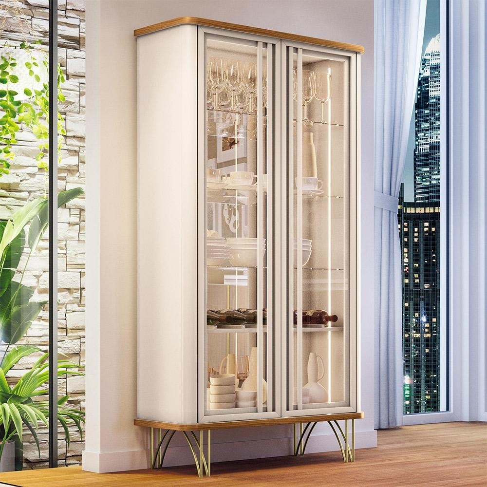 Cristaleira Decorativo com LED Portas de Vidro Texas Off White/Cinamomo G26 - Gran belo em Oferta na Shopee