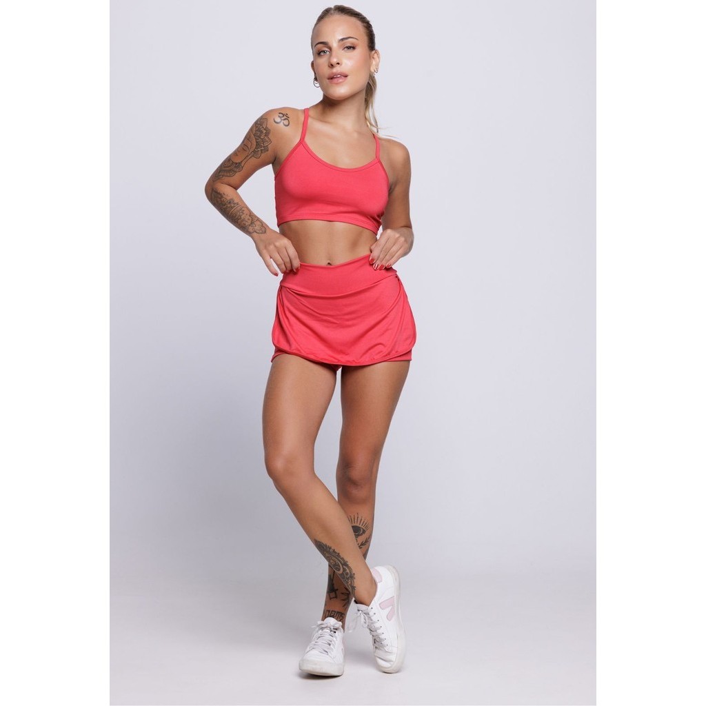 Conjunto Fitness Top Alça Fina Costa Cruzada E Short Saia Feminino Academia Treino