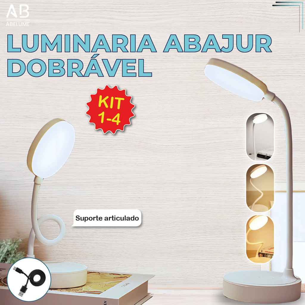Luminária de Mesa Abajur Led Dobrável 3 Tons de luz suporte articulado Recarregável USB Bivolt em Oferta na Shopee
