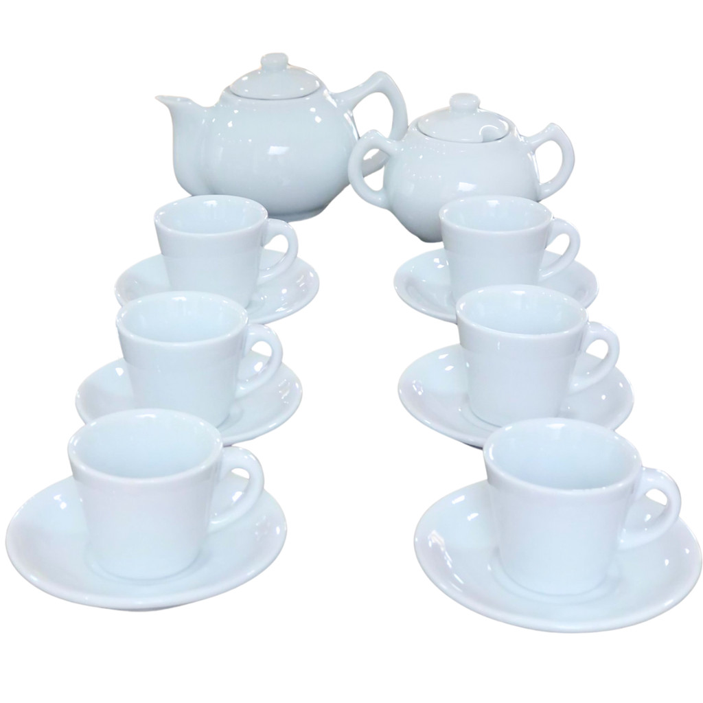 Jogo Café e Chá Mesa Posta- Bule Chaleira 400ML + Açucareiro 250ml + Jogo 6 xícaras 80ml cônica reta com pires