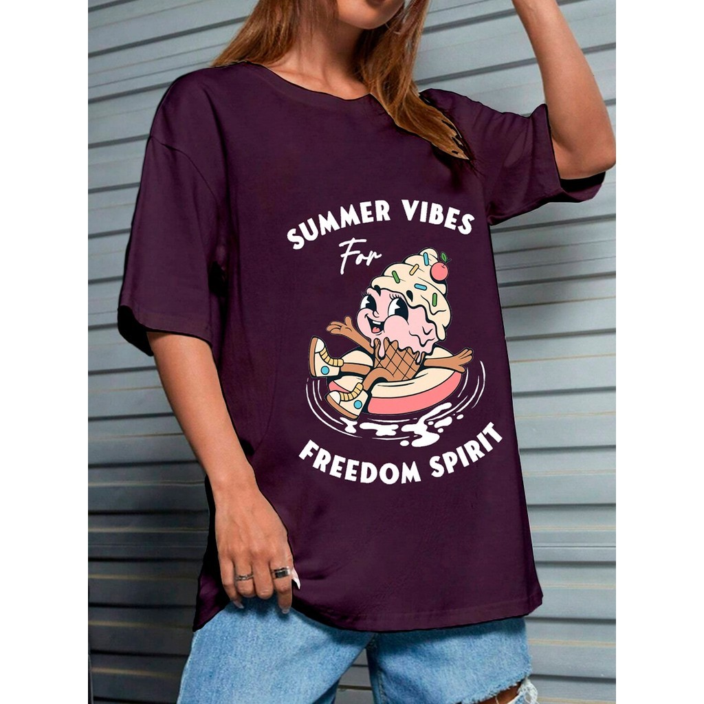 Camiseta Estilosa Confortável Moderna Blusa Estampada Sorvete Summer Vibes T Shirt Oversized