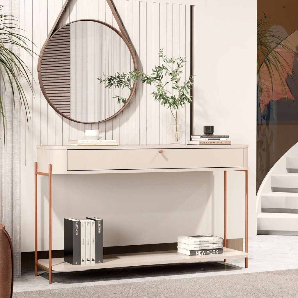 Aparador Curvo 1 Gaveta Pés e Puxador em Metal 121cm Tucupí Off White/Bronze em Oferta na Shopee