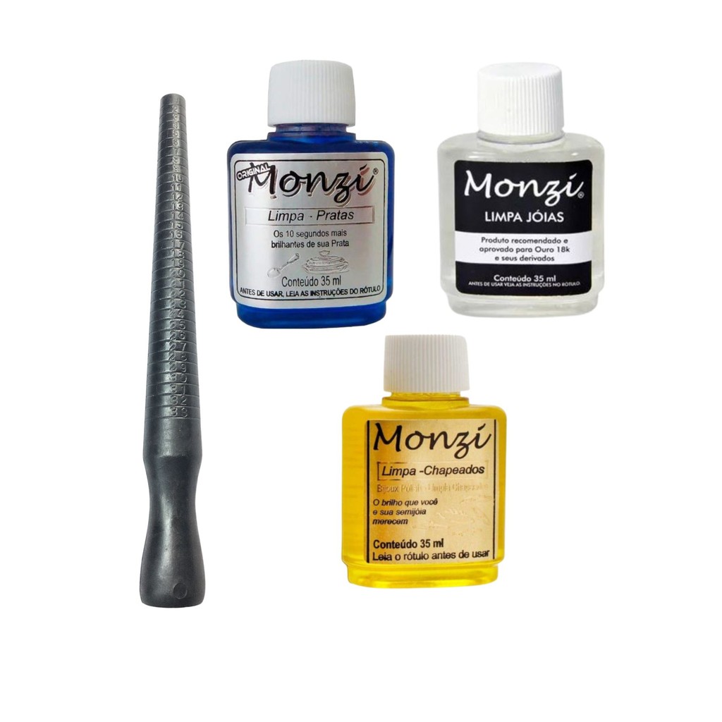 Kit 3 Monzi 35ml Limpa Chapeados Prata Ouro Original + 1 Aneleira Bastão Nº 1 ao 33 Medir Anel