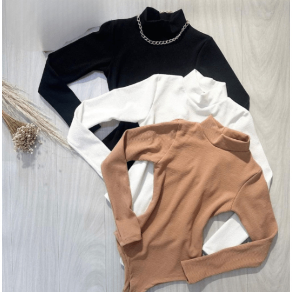 Body Blusa Com Gola Alta Manga Longa Canelada Justa Basica em Oferta na Shopee