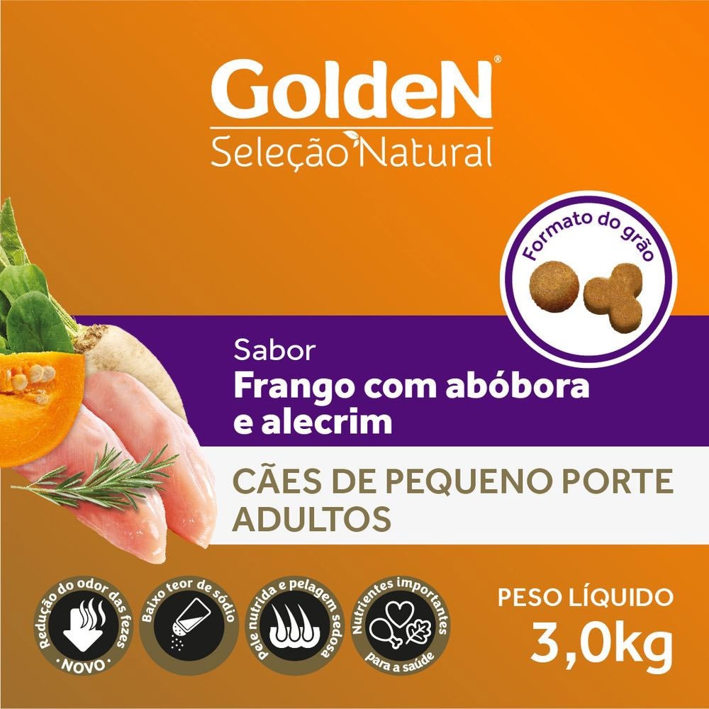 Detalhes do Ração GoldeN Seleção Natural Mini Bits Cachorros Adultos de Raças Pequenas Frango, Abóbora e Alecrim 3,0kg
