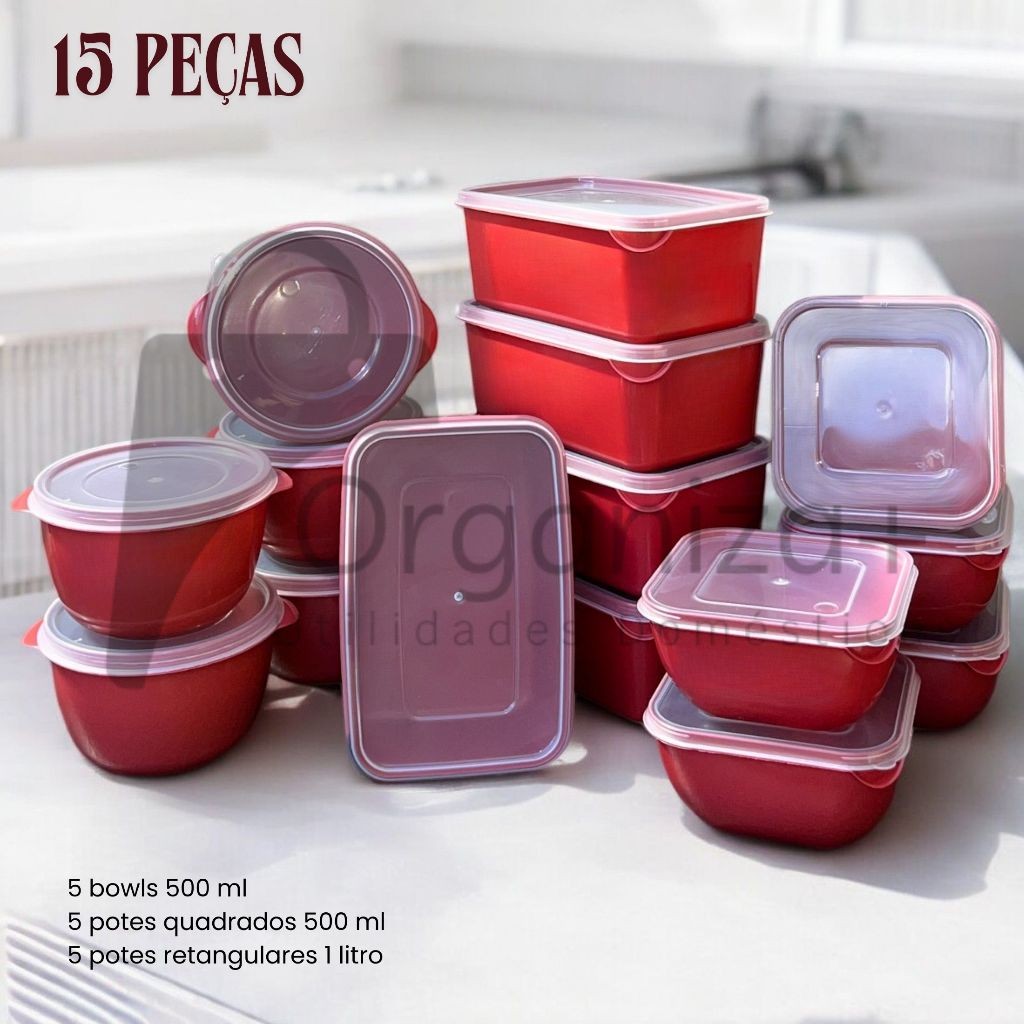 Kit 15 Peças 5 Potes Quadrados 500 ml 5 Bowls 500 ml 5 Retangulares 1 Litro Vasilha Tapoer Vermelho