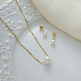 Conjunto Delicado de Pérolas Folheado a Ouro 18K Flöra Hipoalergênico em Oferta na Shopee