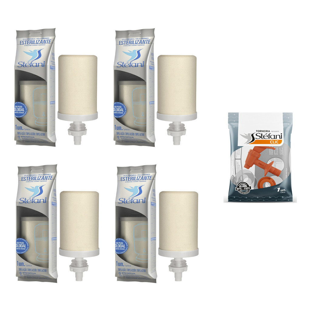 Kit 4 Velas Tripla Ação Stéfani Filtro Barro + 1 Torneira Marron Stéfani