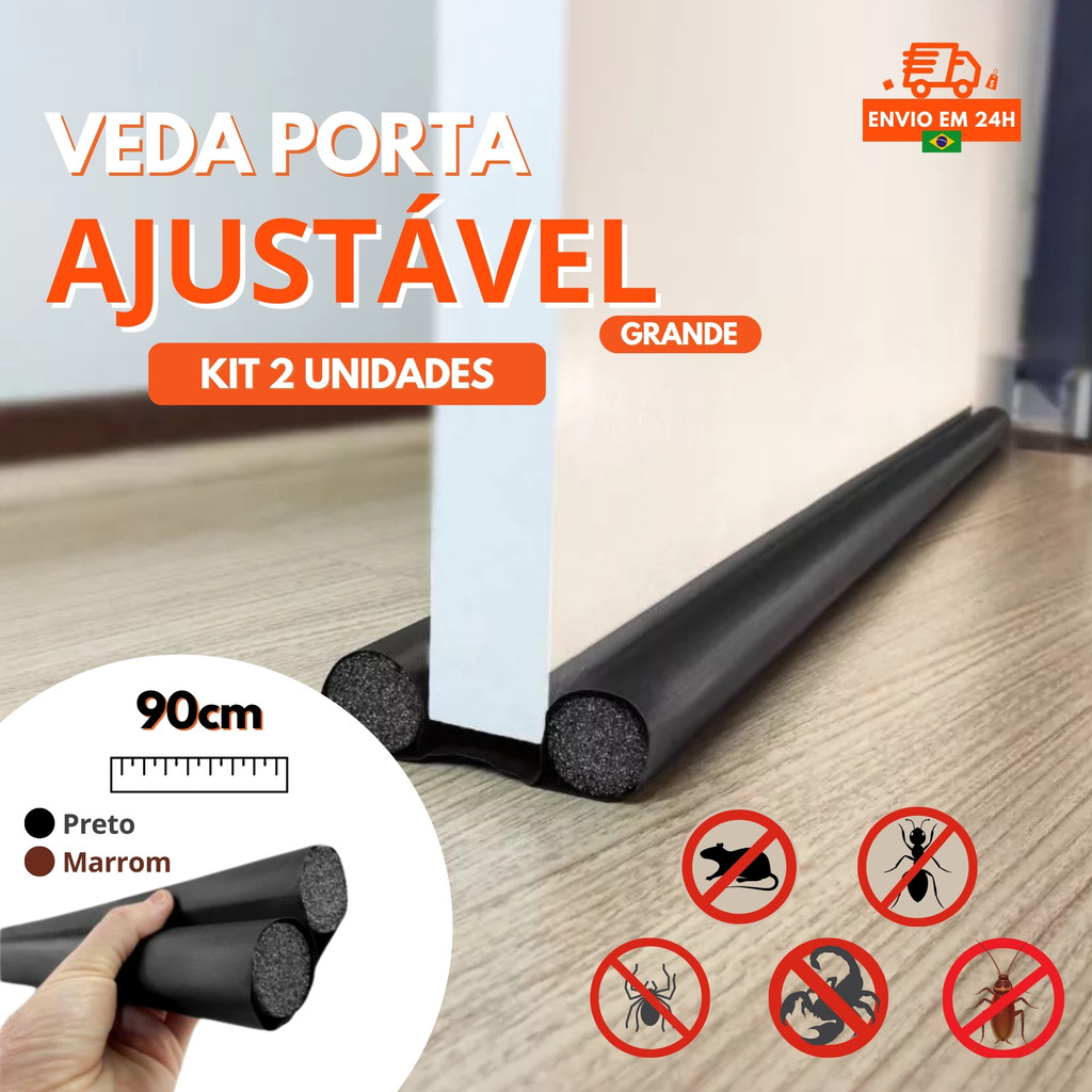 Kit 2 Unidades Veda Porta Ajustável Protetor Rolinho Impermeável 90cm PVC Poeira Água Insetos
