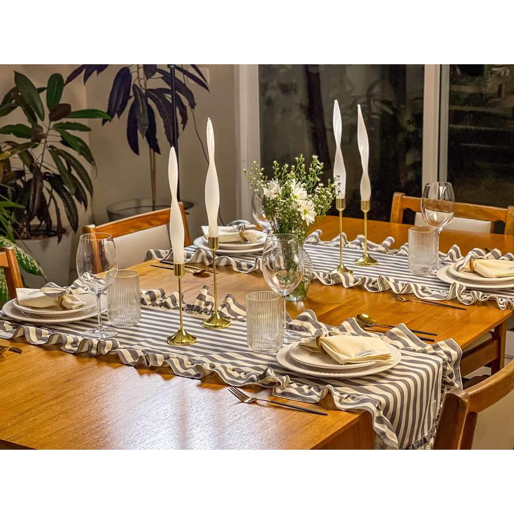 Kit Caminho Trilho de Mesa Dunas P 150x45cm – Verde, Rosa e Cinza + 4 Porta Guardanapos