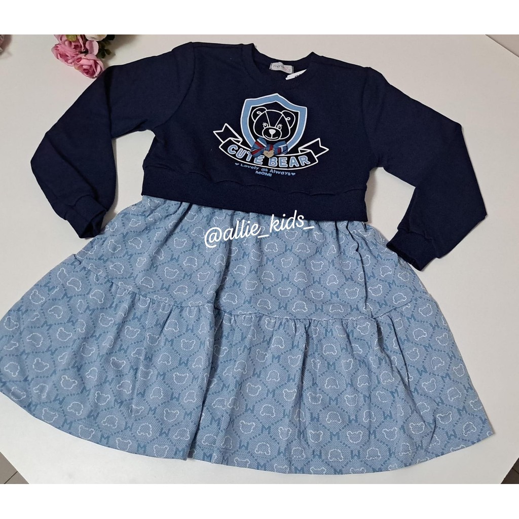 Vestido Infantil Com Saia Jacquard Urso Azul Marinho Momi