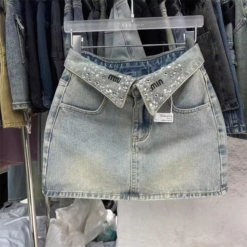 Design de lapela Sensação de diamante bordado Primavera Verão 2024 Azul claro Denim Uma fi...