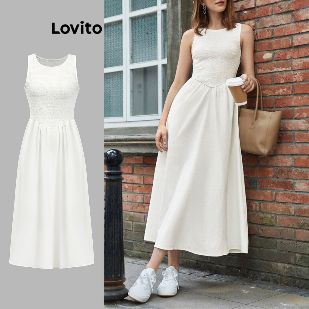 Lovito Vestido casual com costura em tecido liso para mulheres L86ED054