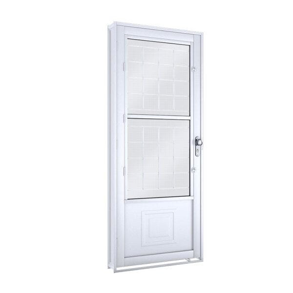 Porta de Aço Postigo 215x90cm com Grade Quadrada e Vidro Mini Boreal Lucasa  Direita