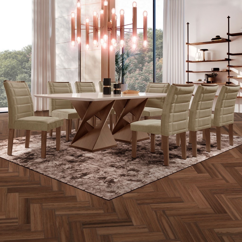 Mesa de Jantar 8 Lugares Genova com Vidro Chocolate/Off White/Marrom Claro - Cel Móveis em Oferta na Shopee