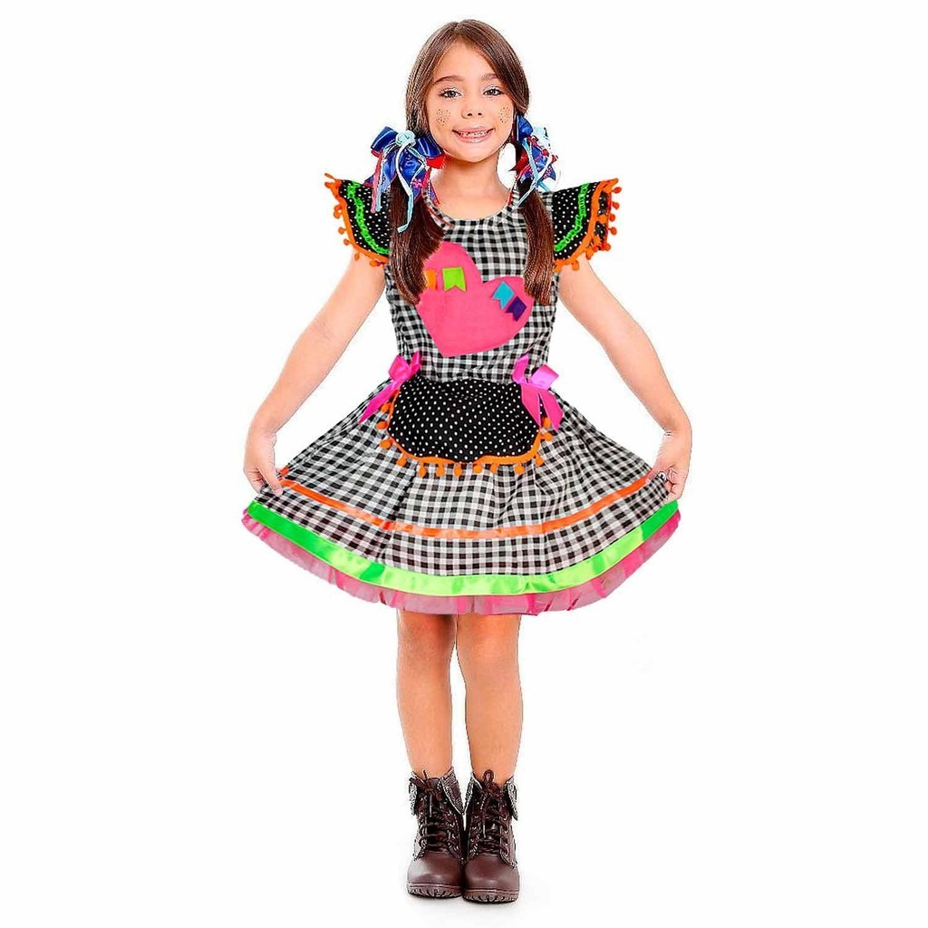 vestido festa junina infantil luxo pra menina xadrez preto Vários tamanhos 2 a 12 anos
