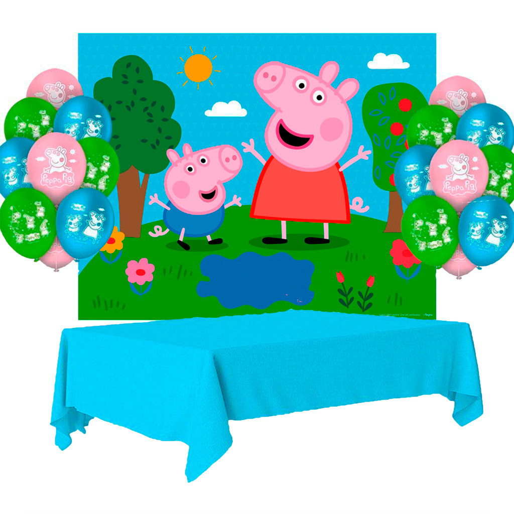 Kit festa Peppa Pig Decoração Aniversário Painel + 25 Balão +Toalha Azul cor viva