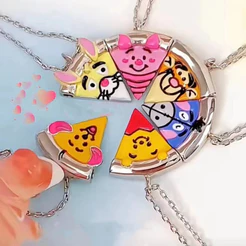 Desenho Animado Pupu Bear Melhor Amigo Colar De Pizza Magnético Conjunto De 6 Peças Corrente Combinada De Pescoço