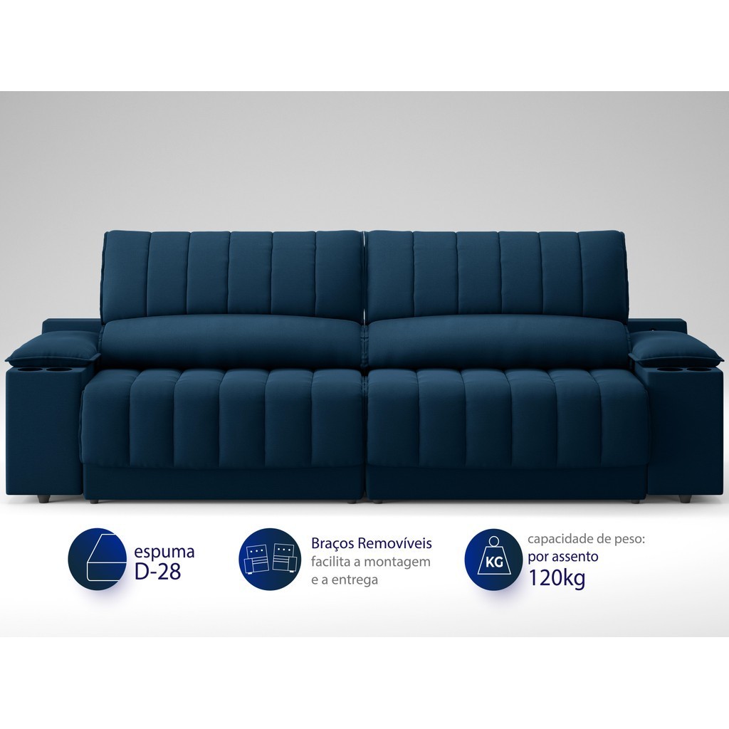 Detalhes do Sofá com Porta Copos Carregador USB Ret Rec Murano 2,30m Velosuede Petróleo - NETSOFAS