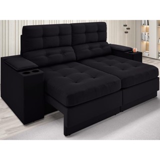 Sofá com Porta Copos e Carregador USB Eureka 1,70m Assento Retrátil e Reclinável Velosuede Preto - NETSOFAS em Oferta na Shopee