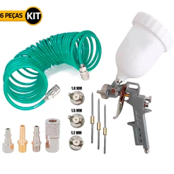 Pistola Pintura 600ml Gravidade 3 Bicos + Mangueira Espiral 10m + Kit Engate Conectores Profissional