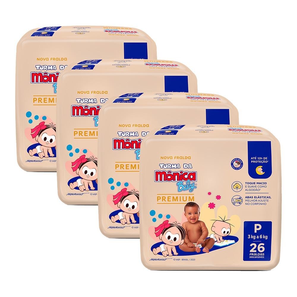 Kit 4 Fralda Turma da Mônica Baby Premium Jumbo P com 26un cada - Mom & Baby