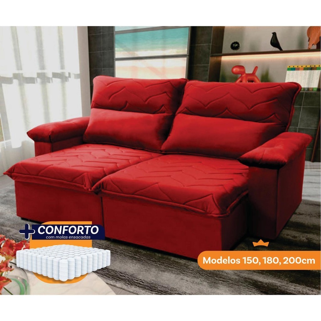 Sofá Retrátil Reclinável Paris 1,50m Suede Velut Vermelho Molas Ensacadas - King House em Oferta na Shopee