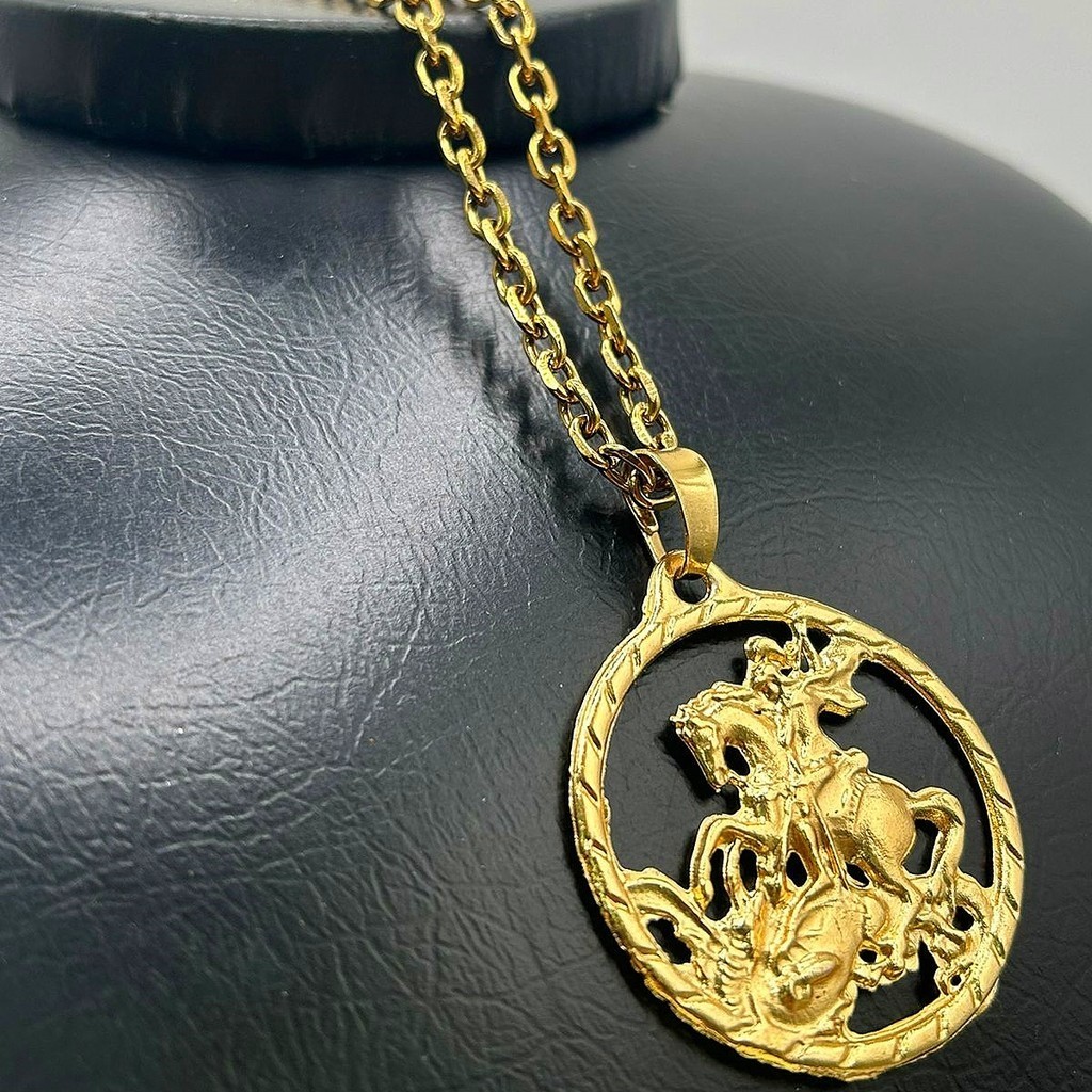 Corrente Gominho com Fecho Canhão 70cm Aço inoxidavel com Pingente São Jorge Folheado