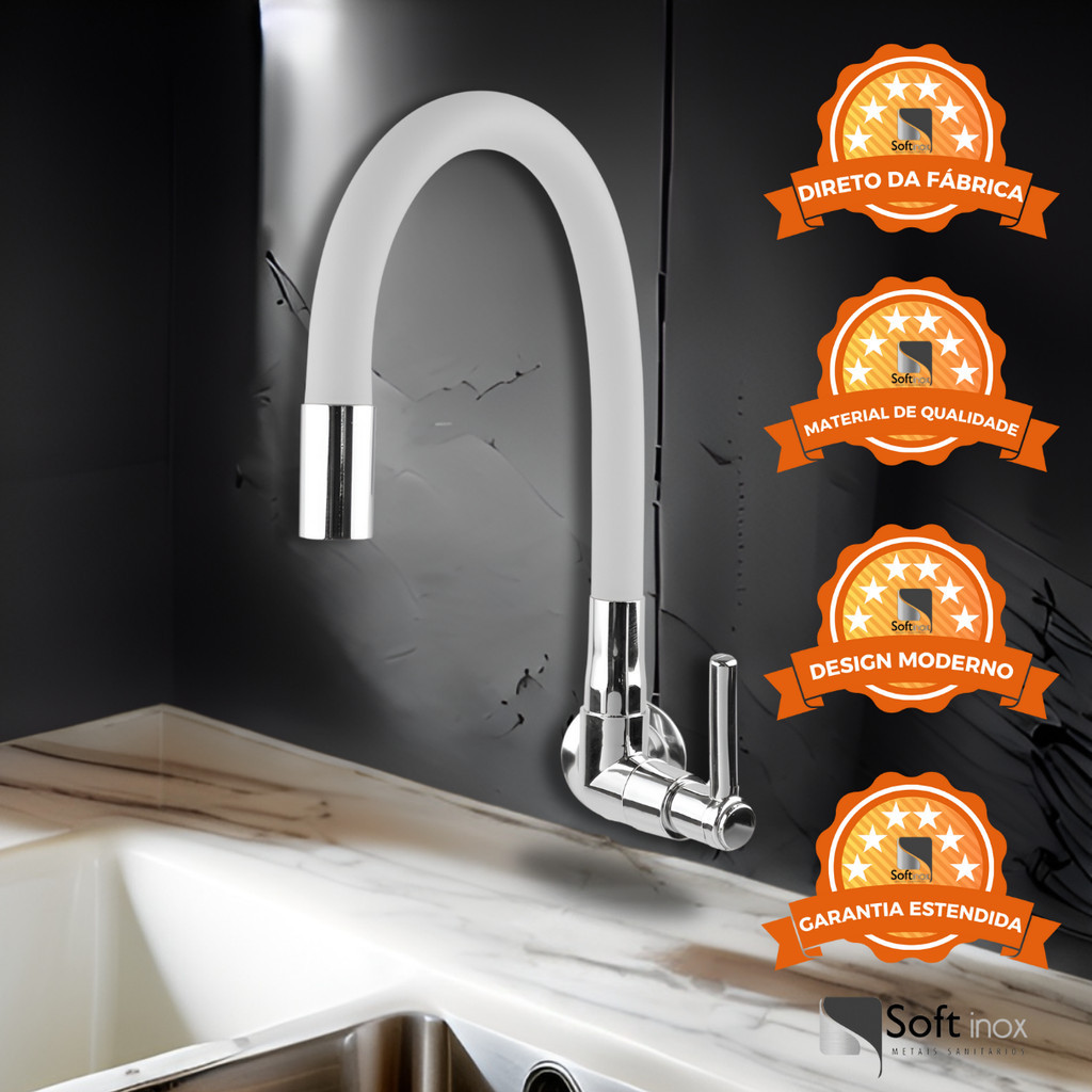 Torneira Gourmet Flexível Silicone Branco de Cozinha Parede