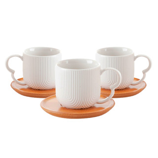 Jogo 4 Xícaras Porcelana Branco De Café Chá Com Pires de Bambu Madeira  Oásis 90ml