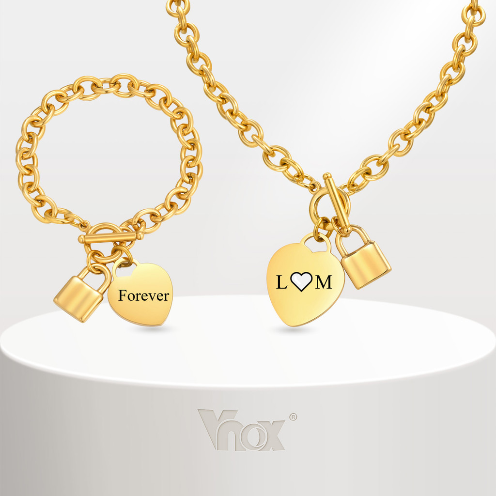 Vnox Love Heart & Lock Pingente Pulseira Colar Para Mulheres , Personalize Fotos De Texto Personalizadas , Joias Signifi