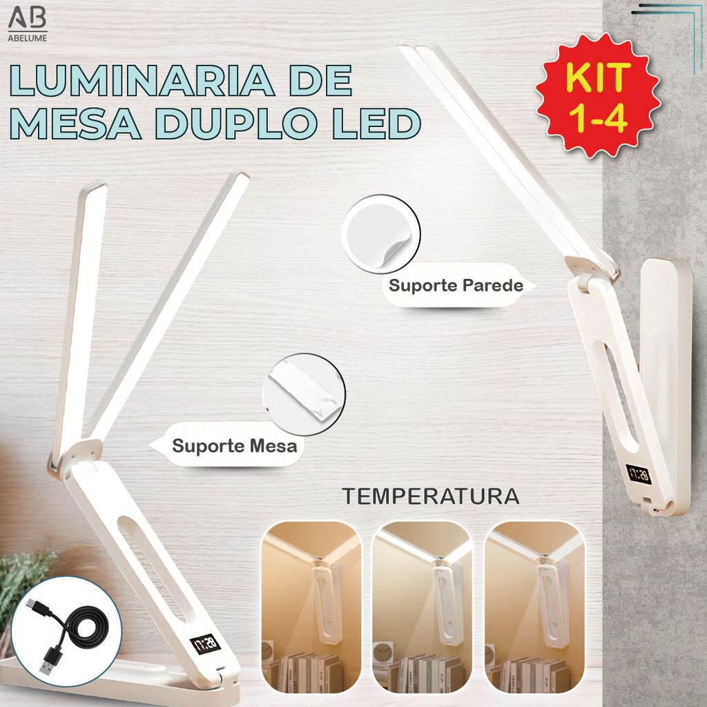 Kit 4 Luminária Articulada com 2 Aberturas Led Abajur de Mesa Recarregável via USB 3 Tons de Luz - Home & Living