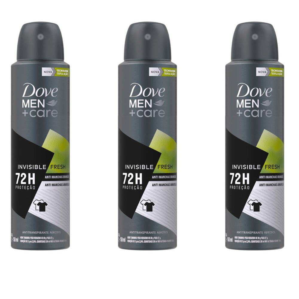 Kit 3 Desodorante Dove Men + Care Invisible Fresh Aerosol Antitranspirante 72h com 150ml - Beauty