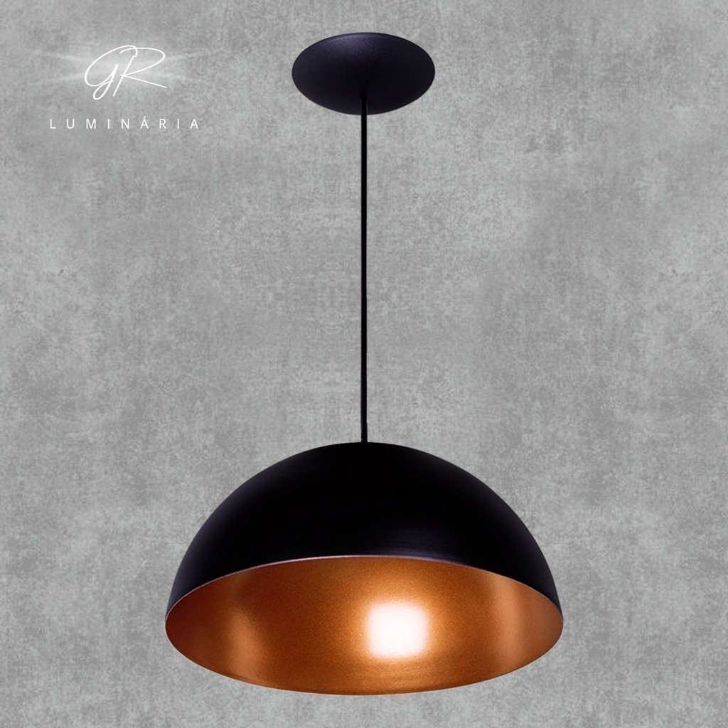 Pendente Lustre Meia Lua 40cm Preto/Cobre ideal para casa e decoração bancada e balcão sala e cozinha sala de jantar