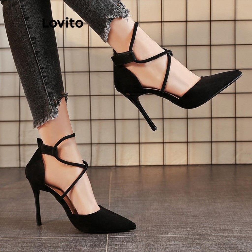 Lovito Elegante Simples Salto Stiletto Sexy Bico Fino Alças Cruzadas Salto Preto para Mulheres LFA57285 - Women Shoes