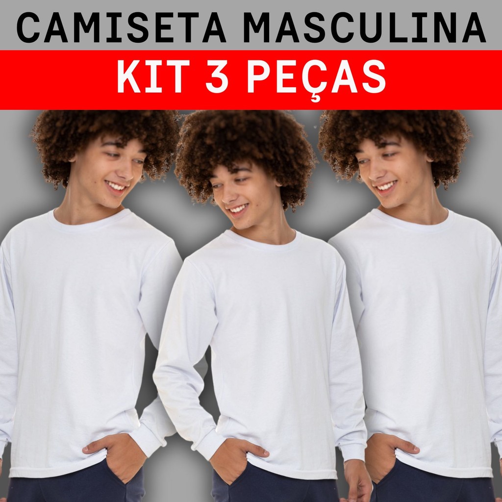 KIT 3 Camiseta Manga Longa com Punho Branca Infantil Juvenil Lisa 3064-K3-C1