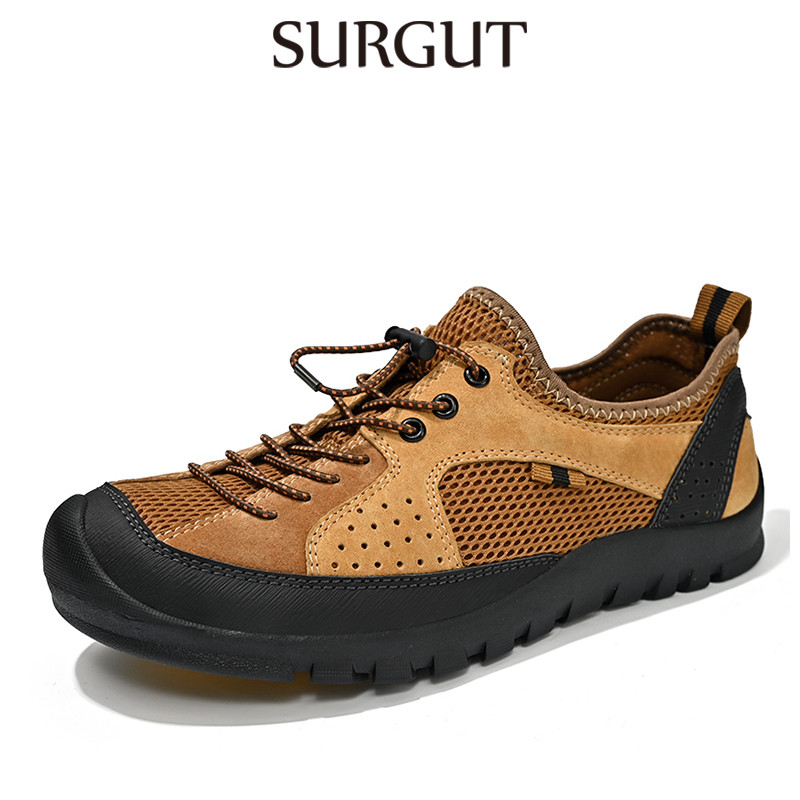 SURGUT Novos Sapatos De Couro De Verão Masculino Malha Respirável Design Artesanal Leve Anti-Skid Casuais 38-46