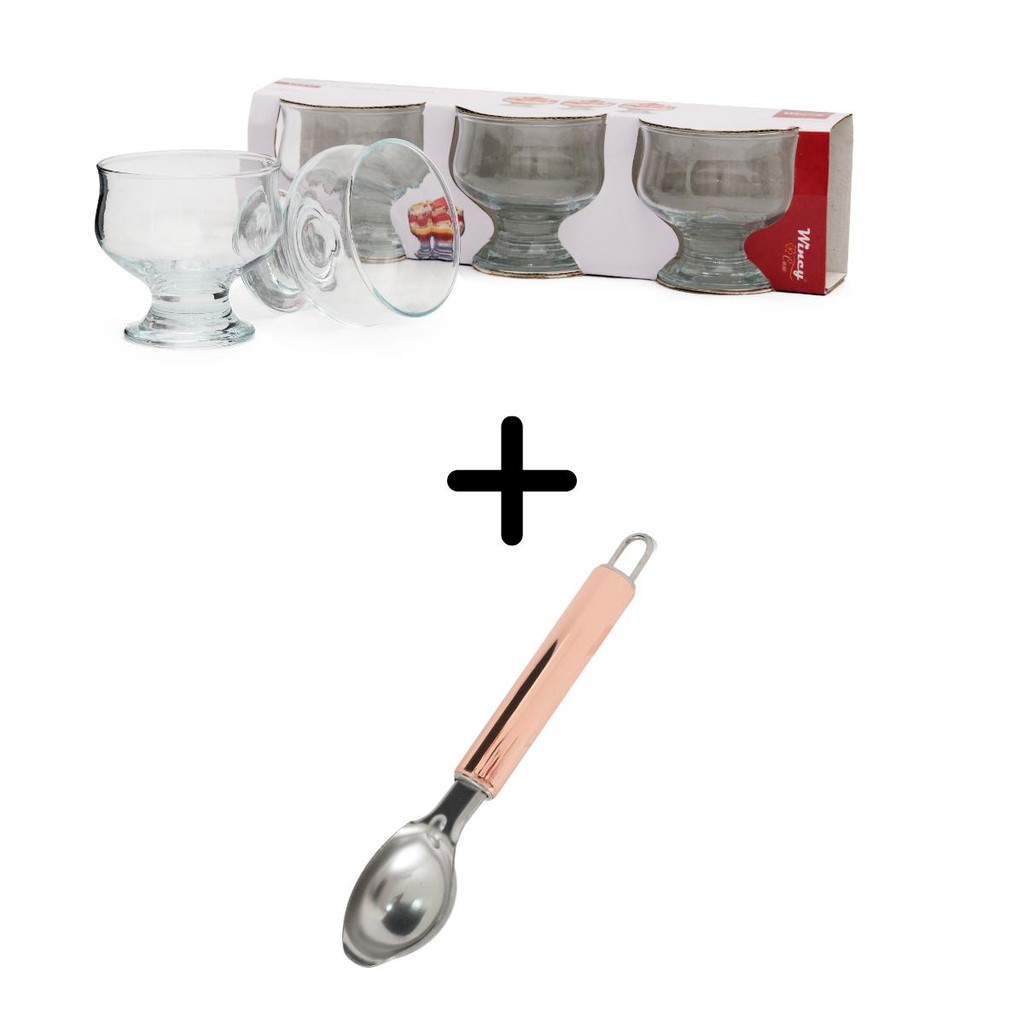 Conjunto Taça de Sobremesa Vidro 264ml 3PCS + Colher Sorvete Cabo Rose Gold Metal