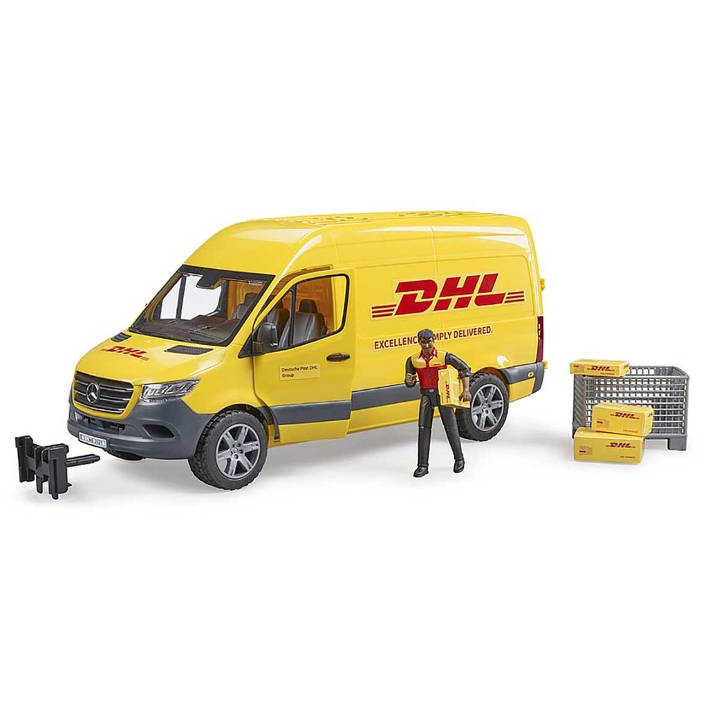Miniatura Mercedes Benz Sprinter DHL com boneco Bruder 1/16