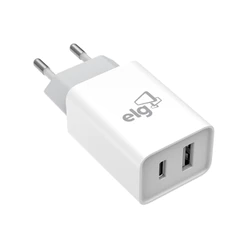 Carregador de Parede Universal, 2 Portas USB 2.1A + Tipo-C 2.1A, Carga Rápida, Branco, W124C, ELG