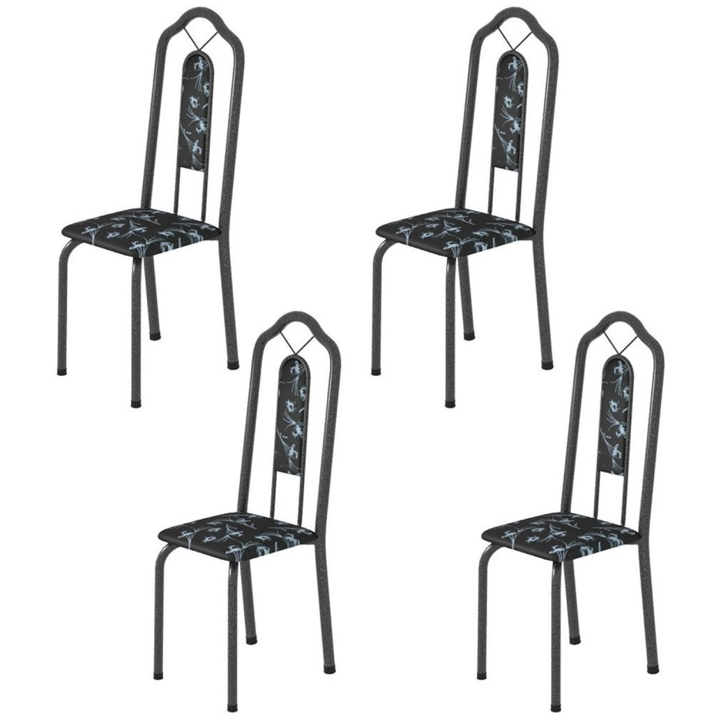 Kit 4 Cadeiras Tubular Bianca  Martelado Prata/Preto Floral - Home & Living
