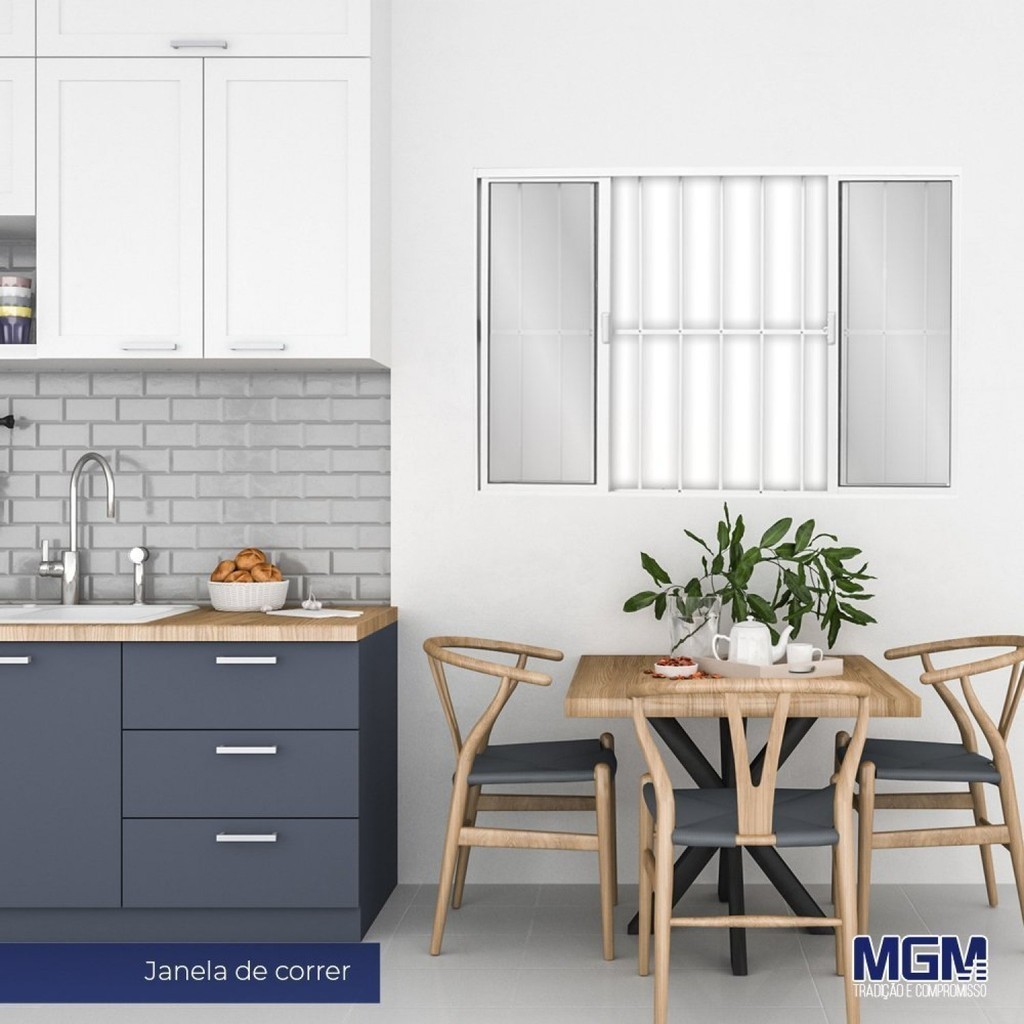 Janela de Alumínio de Correr 120x120cm 4 Folhas 2 Fixas com Grade e Vidro Mini Boreal Linha Soft Mgm 120cm x 120cm