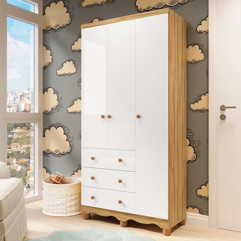 Guarda-roupa de Bebê 3 Portas e 3 Gavetas 100% Mdf Mimo Espresso Móveis Branco Brilho/Amêndoa - Home & Living