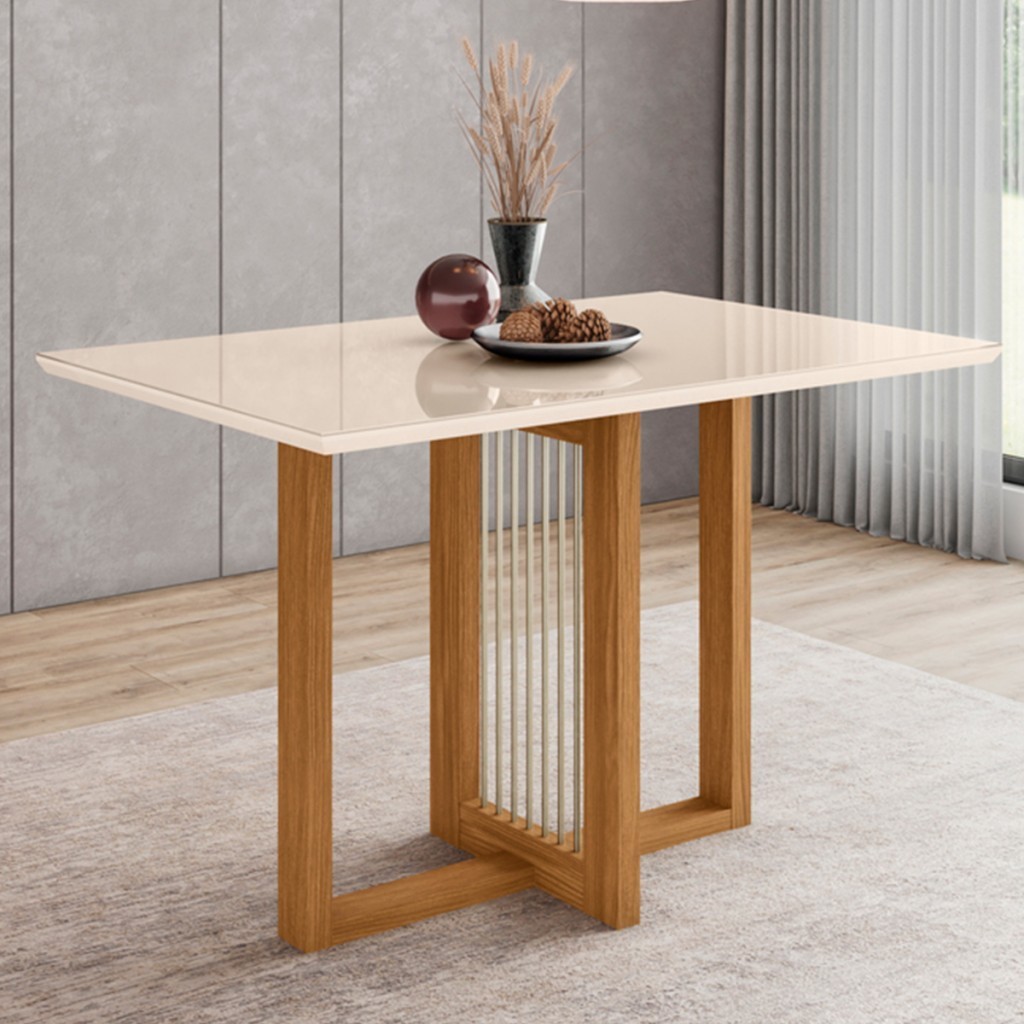 Mesa de Madeira Natalí com Vidro Nature/Off White Sc74 - Henn em Oferta na Shopee
