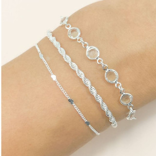 Kit 3 Pulseiras Prata 925 Folheada de coração foi Cordão Baiano Conjunto Pulseira Feminina de pedrinhas transparentes