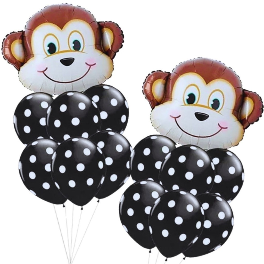 Kit Celebração Safari Macaco: 2 Balões Metalizados Macaco ± 60 Cm + 25 Balões Látex Estampados N9 Macaco