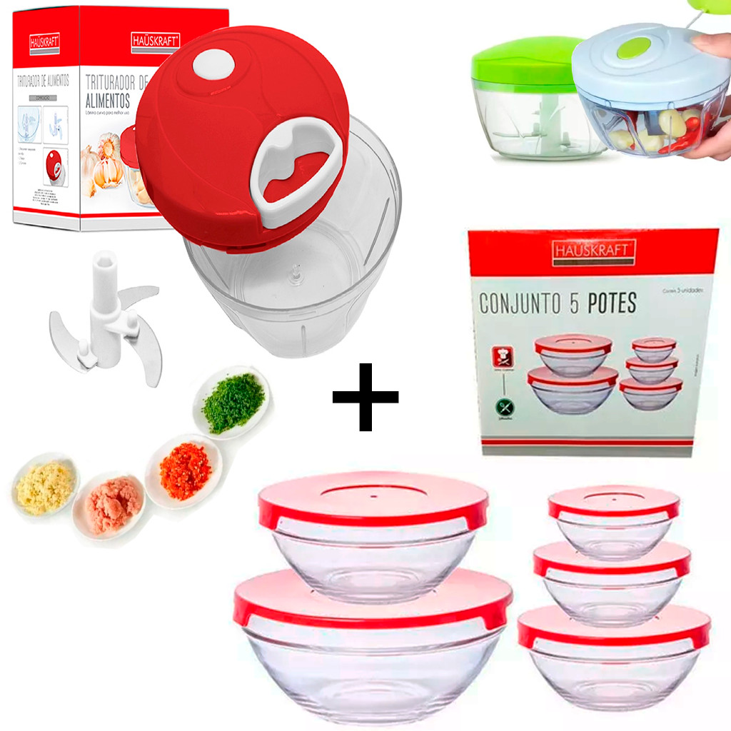 Kit Jogo Cozinha 5 Potes Redondos De Vidro Com Tampa + Triturador De Alimentos Manual 500ml Prático - Home & Living