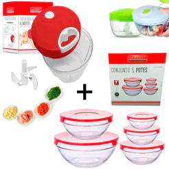 Kit Jogo Cozinha 5 Potes Redondos De Vidro Com Tampa + Triturador De Alimentos Manual 500ml Prático